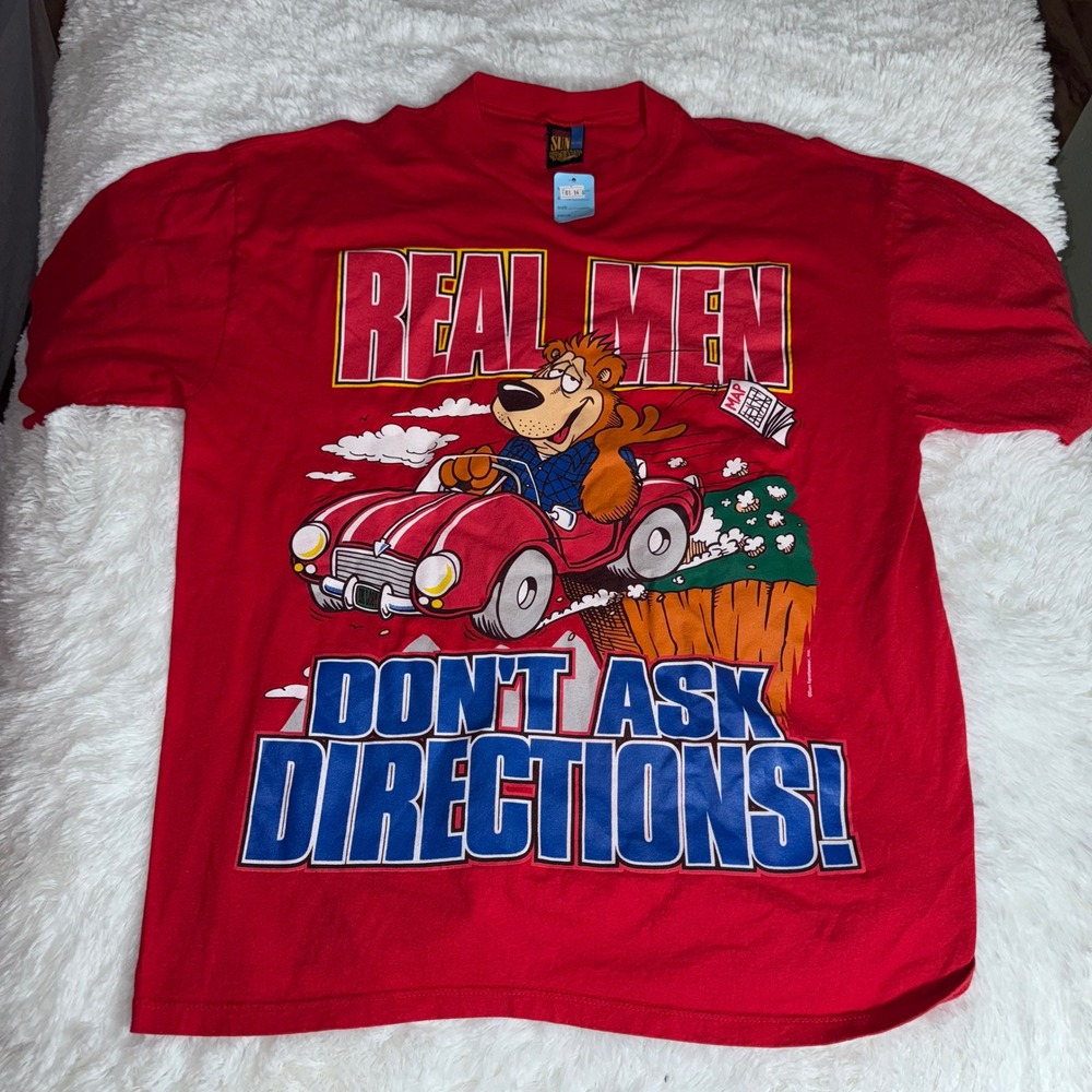Vintage Sun Sportswear Real Men Dont Ask Directions Red Graphic‎ T-Shirt XL 90s